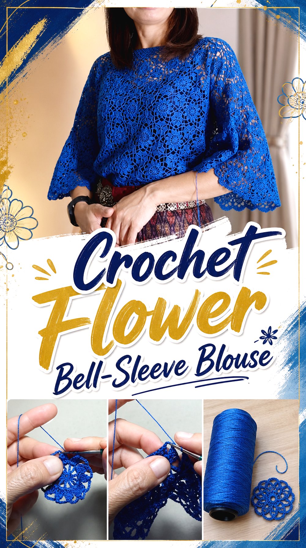 Crochet Flower Bell Sleeve Blouse