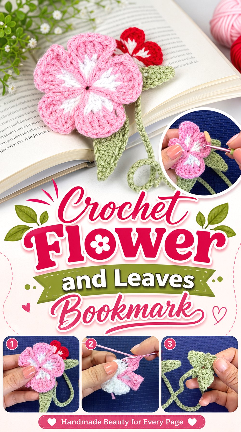 Crochet Flower and Leaves Bookmark