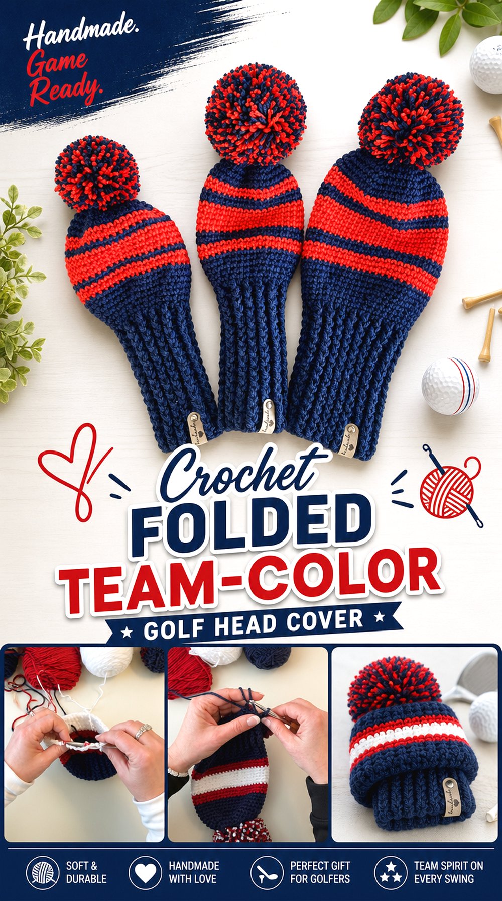 Crochet Folded Team Color Golf Head Cover