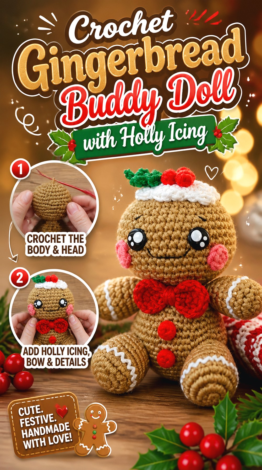 Crochet Gingerbread Buddy Doll with Holly Icing