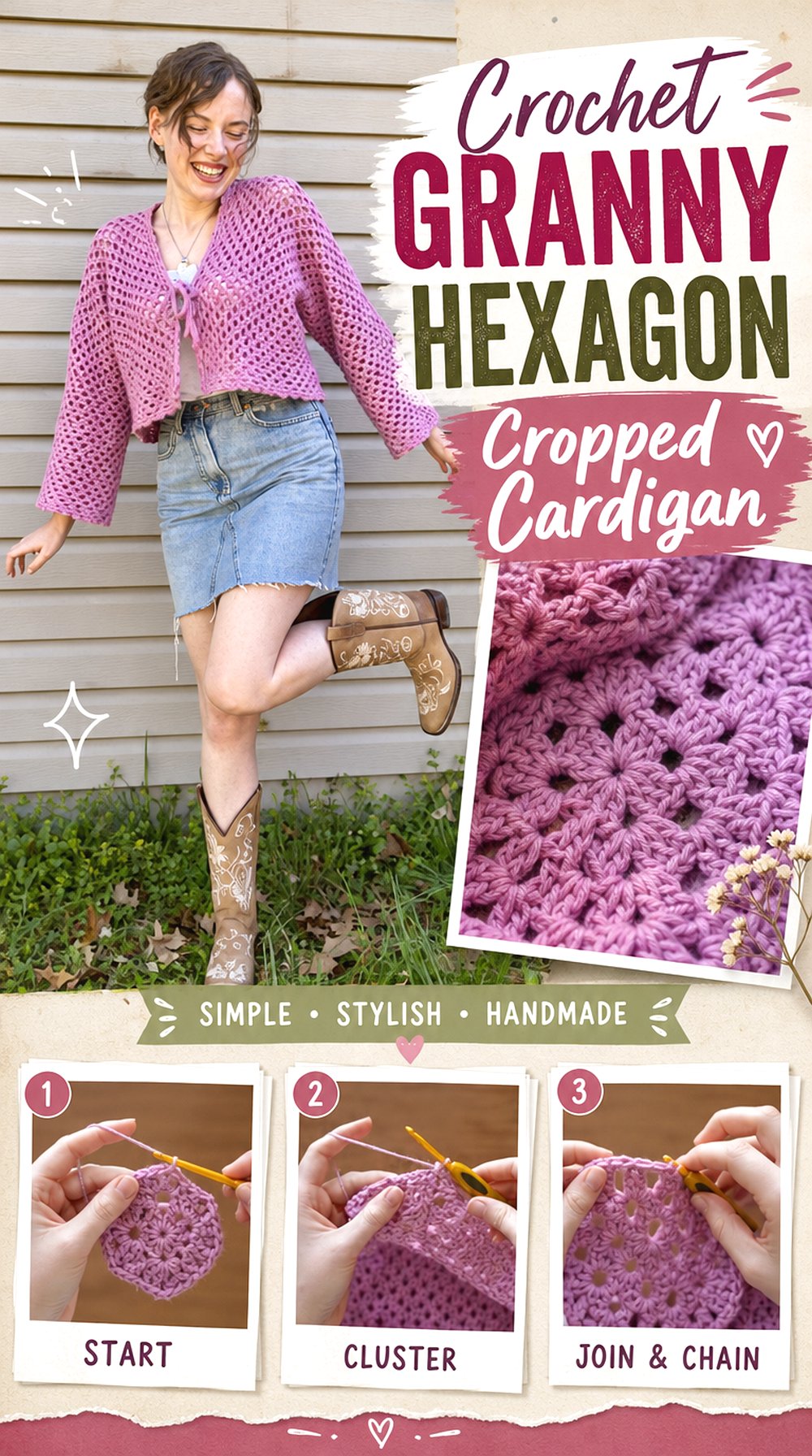 Crochet Granny Hexagon Cropped Cardigan