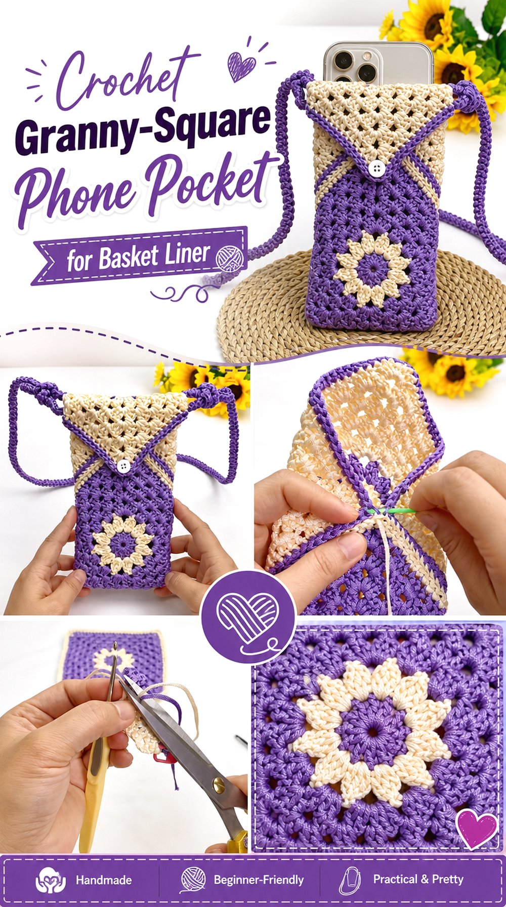 Crochet Granny Square Phone Pocket for Basket Liner