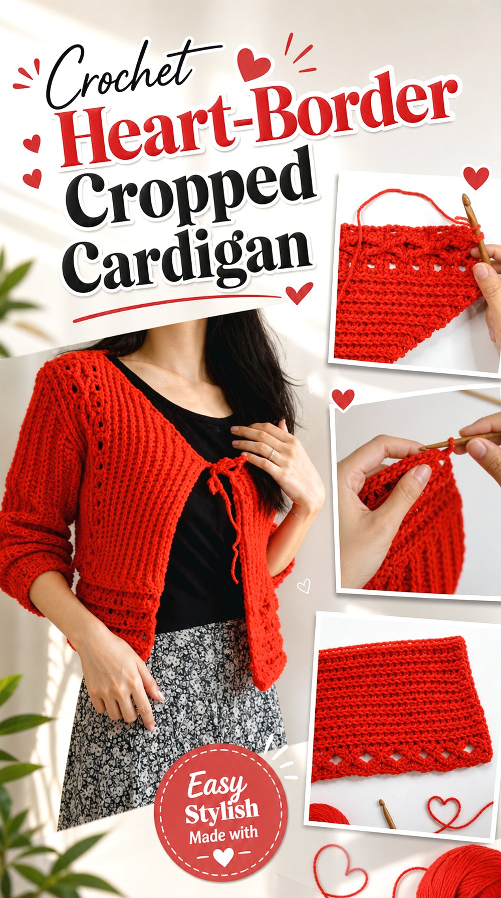 Crochet Heart Border Cropped Cardigan