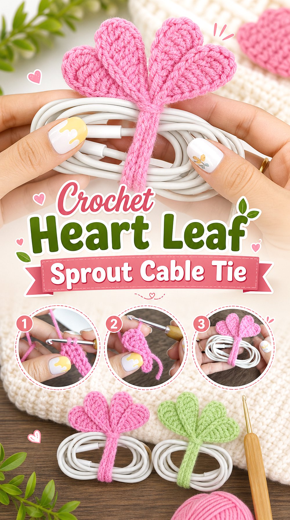 Crochet Heart Leaf Sprout Cable Tie