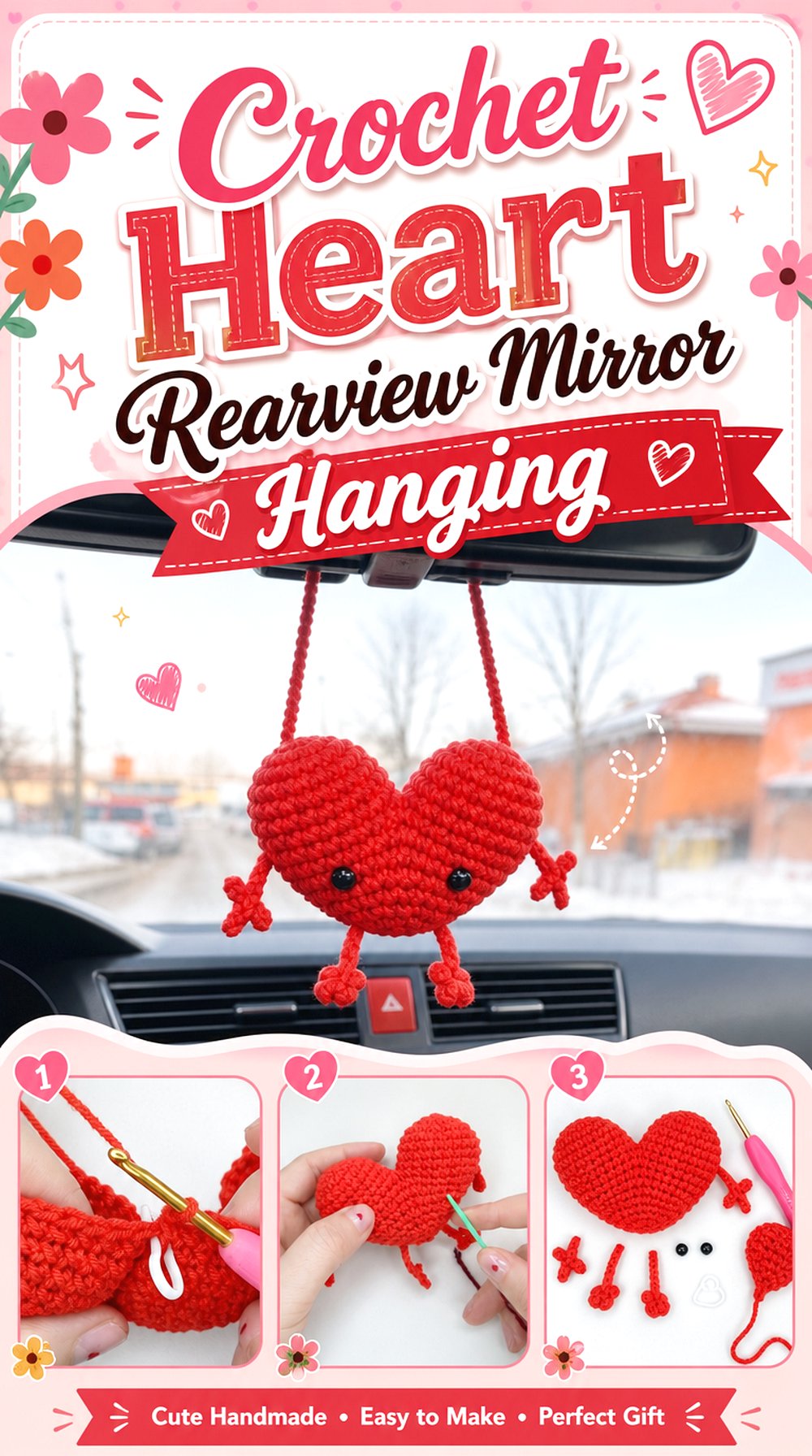 Crochet Heart Rearview Mirror Hanging