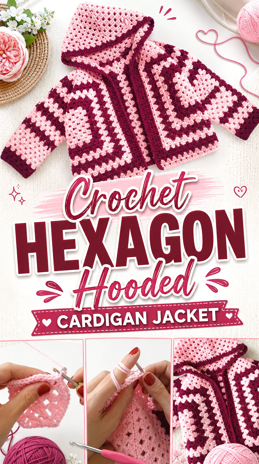 Crochet Hexagon Hooded Cardigan Jacket