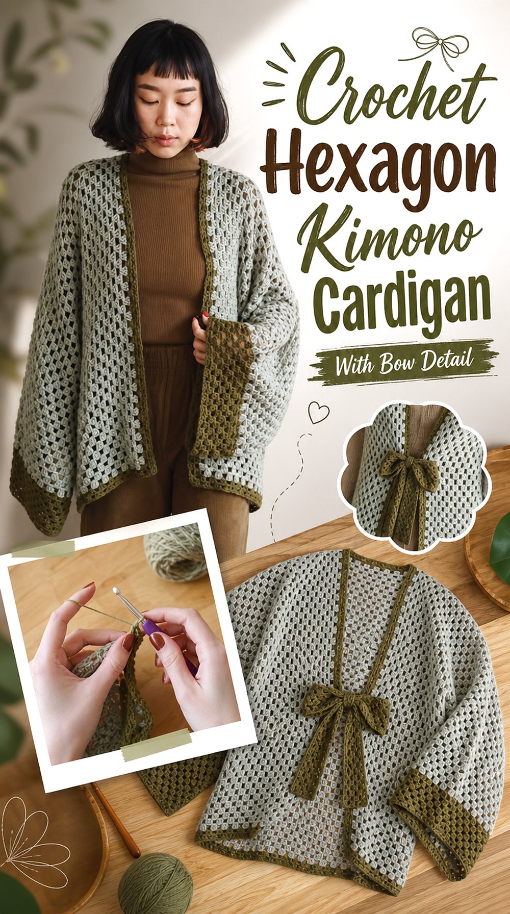 Crochet Hexagon Kimono Cardigan With Bow Detail