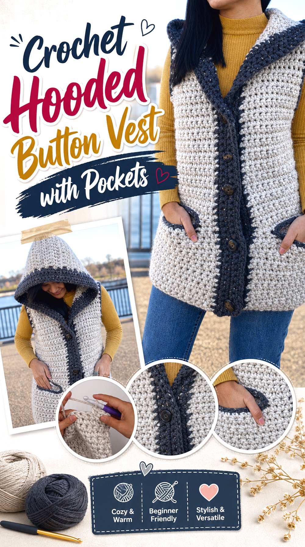Crochet Hooded Button Vest with Pockets