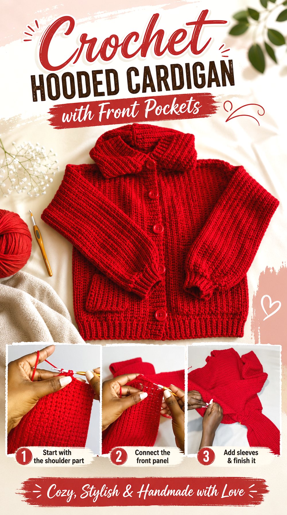 Crochet Hooded Cardigan with Front Pockets