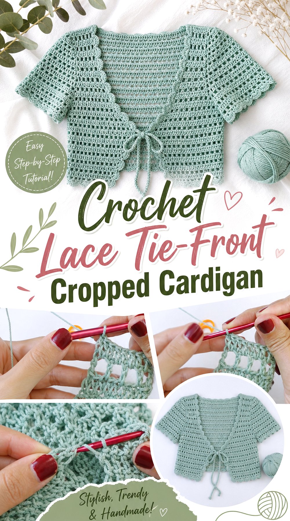 Crochet Lace Tie Front Cropped Cardigan