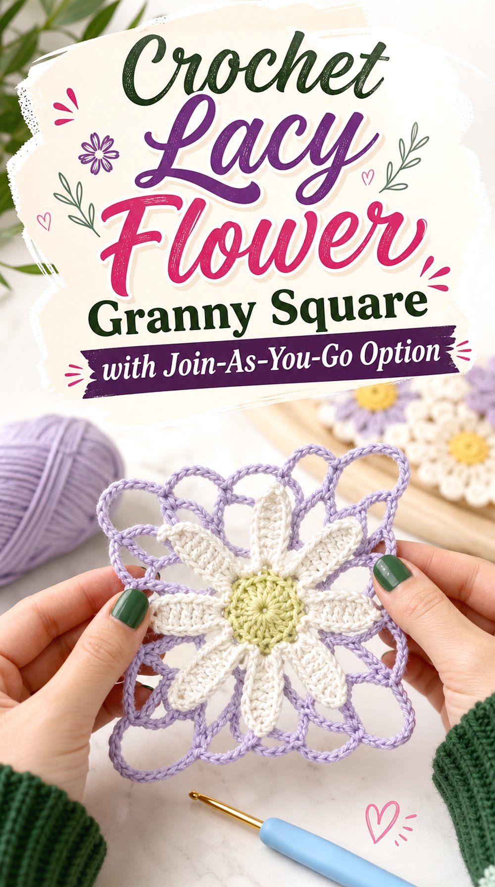 Crochet Lacy Flower Granny Square with Join As You Go Option