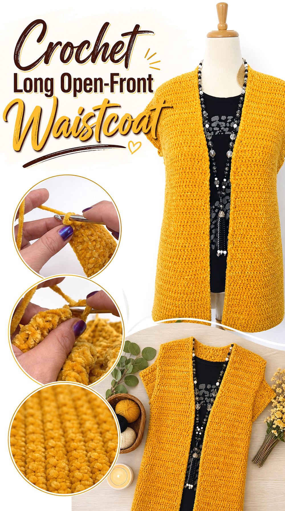 Crochet Long Open Front Waistcoat