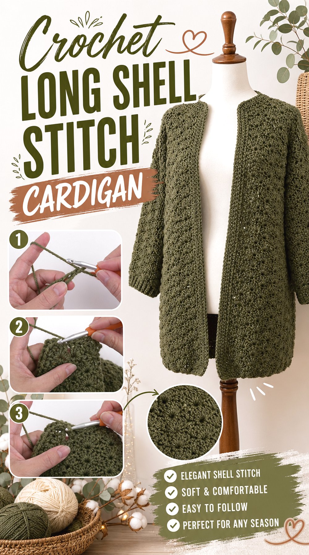 Crochet Long Shell Stitch Cardigan