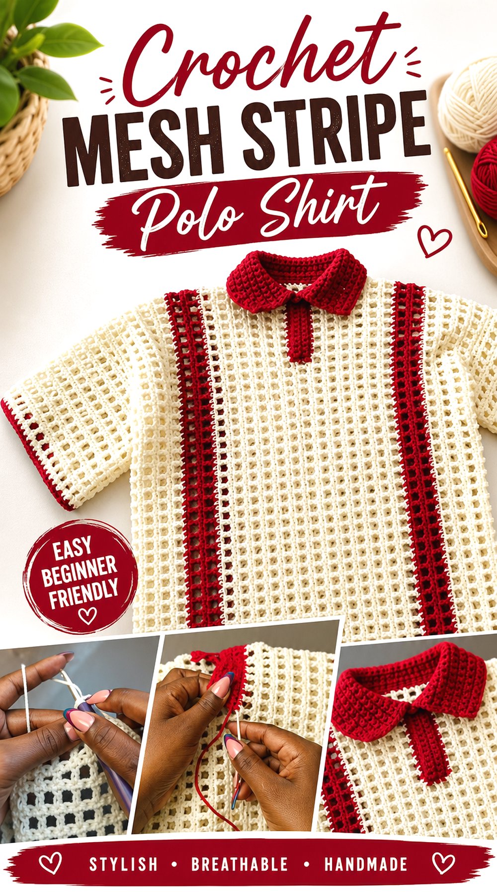 Crochet Mesh Stripe Polo Shirt