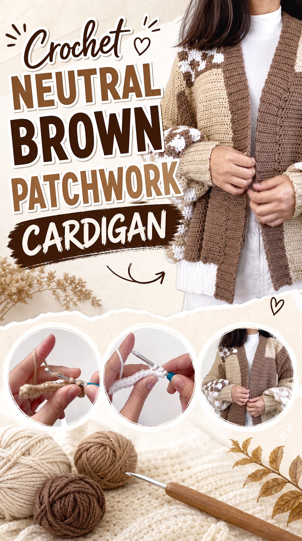 Crochet Neutral Brown Patchwork Cardigan