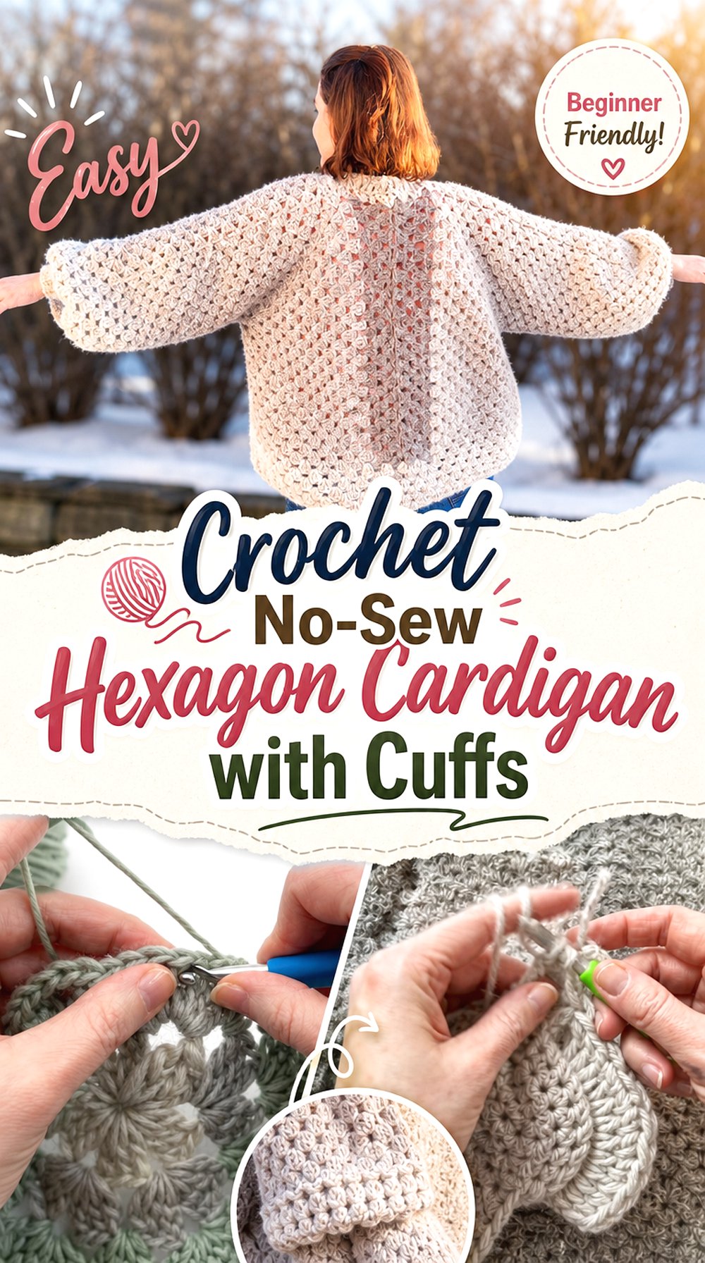 Crochet No Sew Hexagon Cardigan with Cuffs