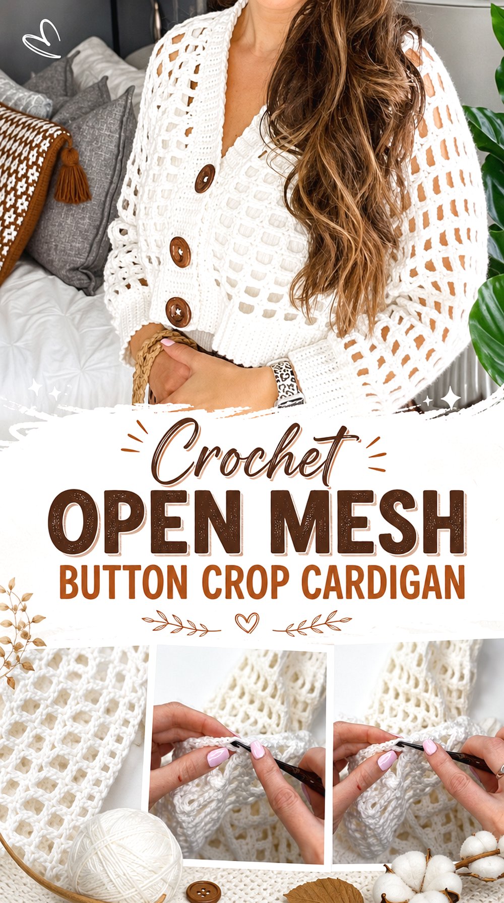 Crochet Open Mesh Button Crop Cardigan