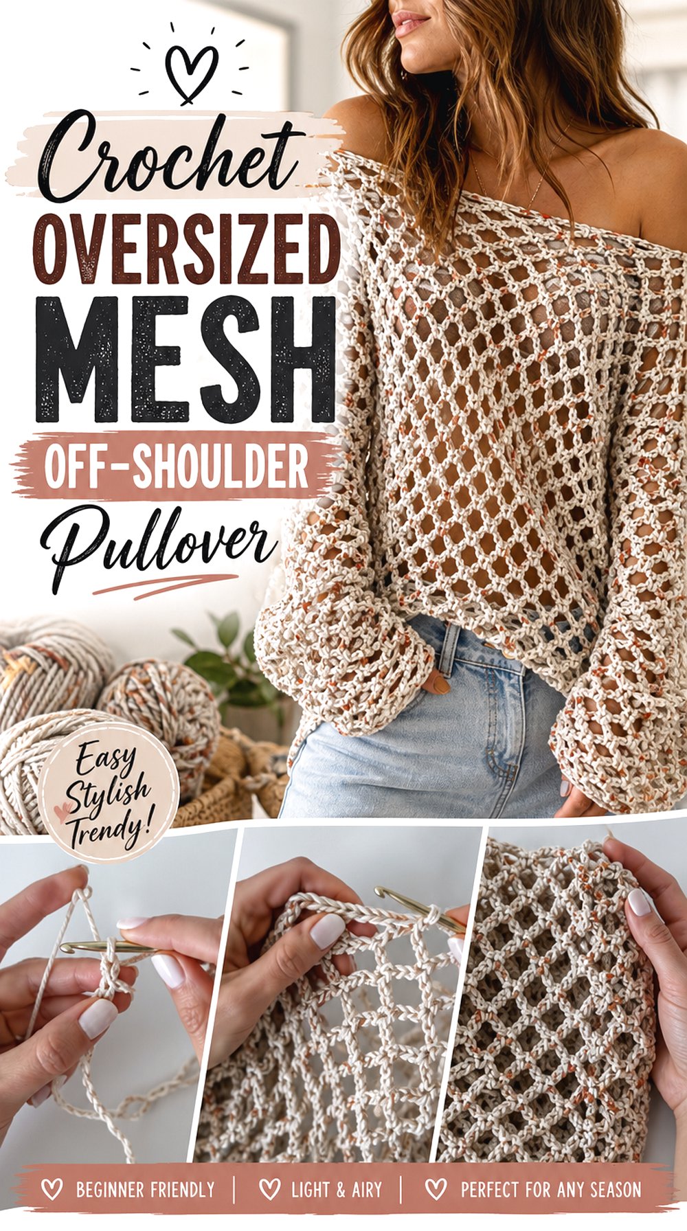 Crochet Oversized Mesh Off Shoulder Pullover