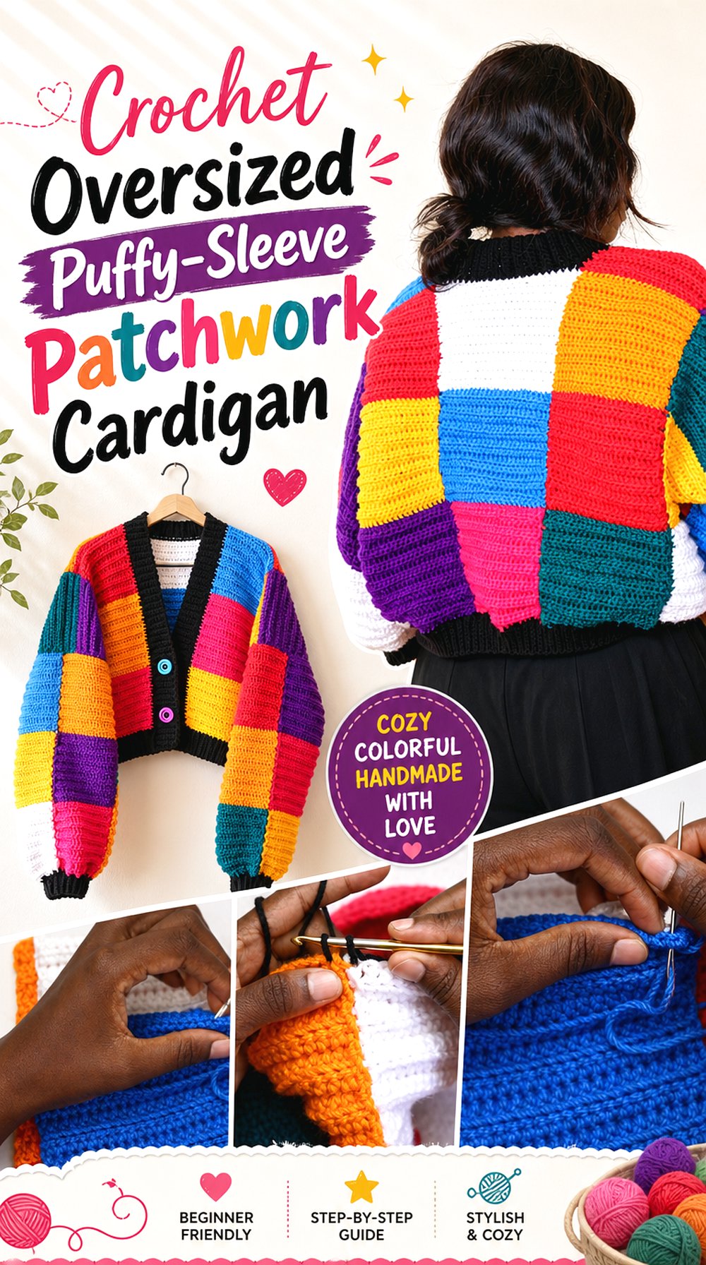 Crochet Oversized Puffy Sleeve Patchwork Cardigan