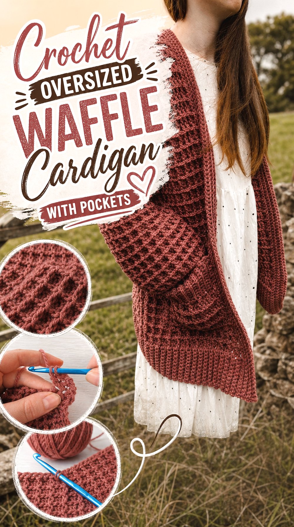 Crochet Oversized Waffle Cardigan With Pockets