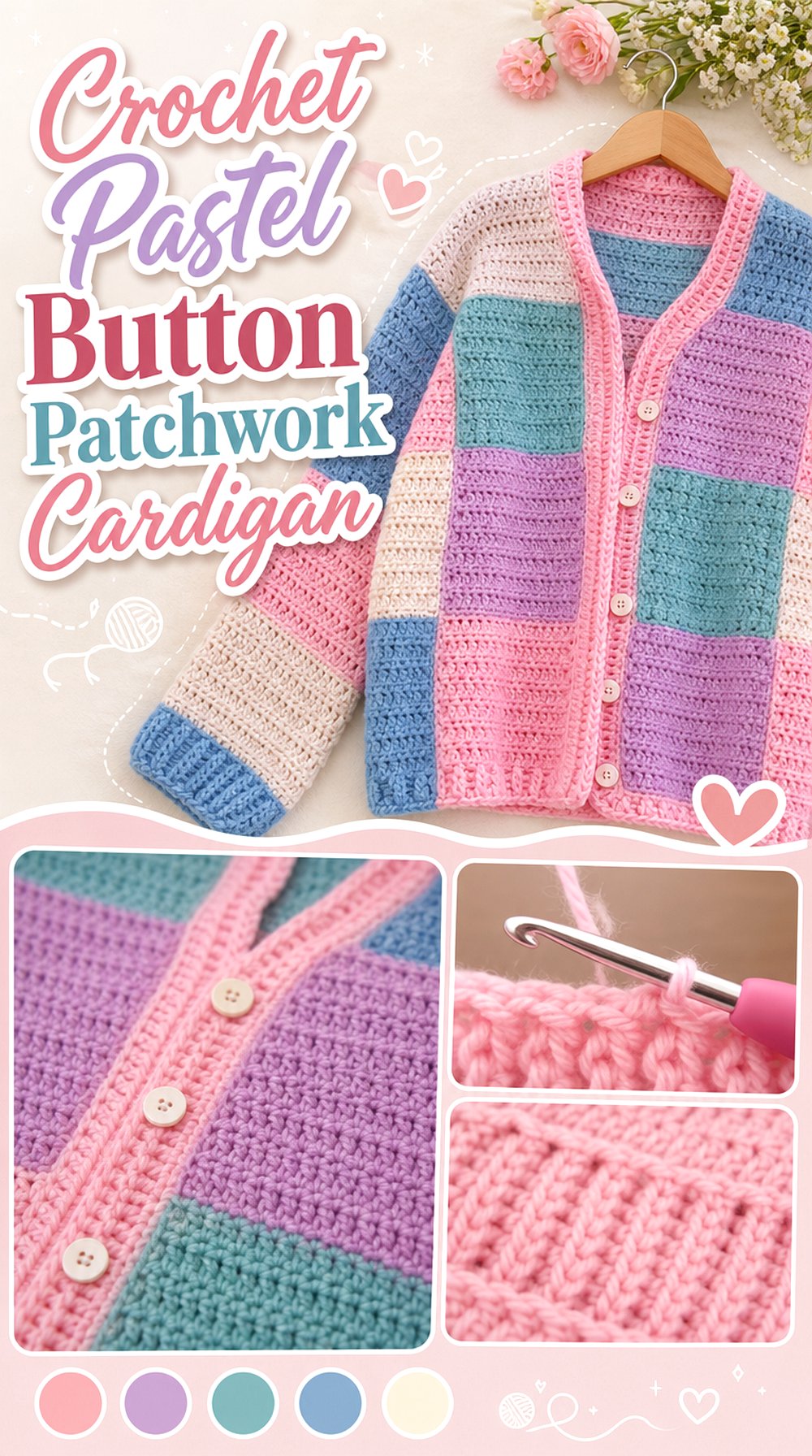 Crochet Pastel Button Patchwork Cardigan