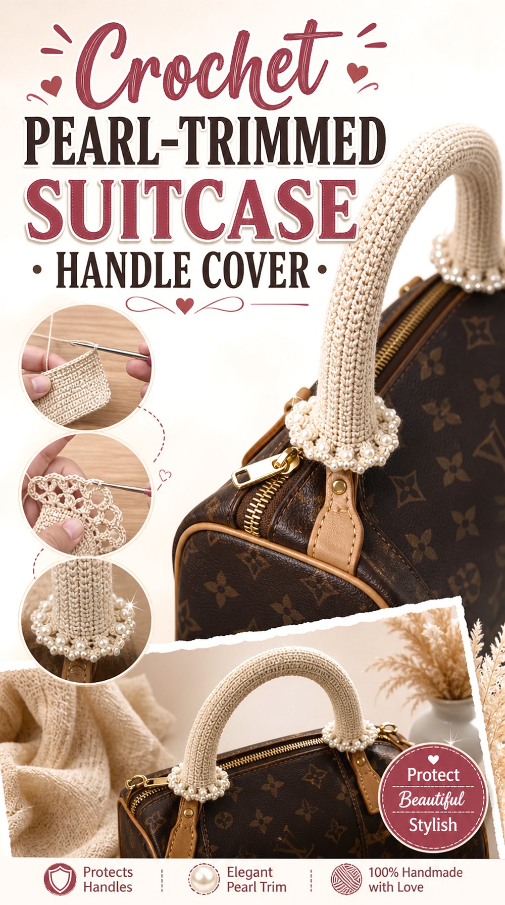 Crochet Pearl Trimmed Suitcase Handle Cover