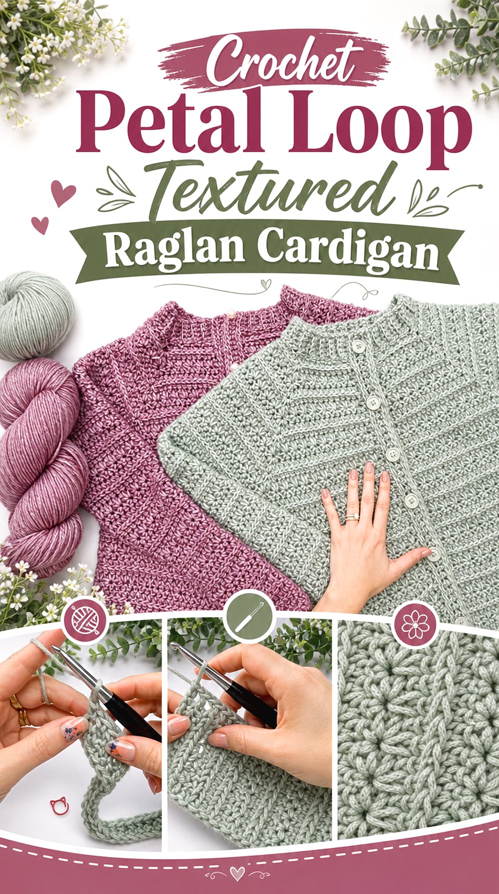 Crochet Petal Loop Textured Raglan Cardigan
