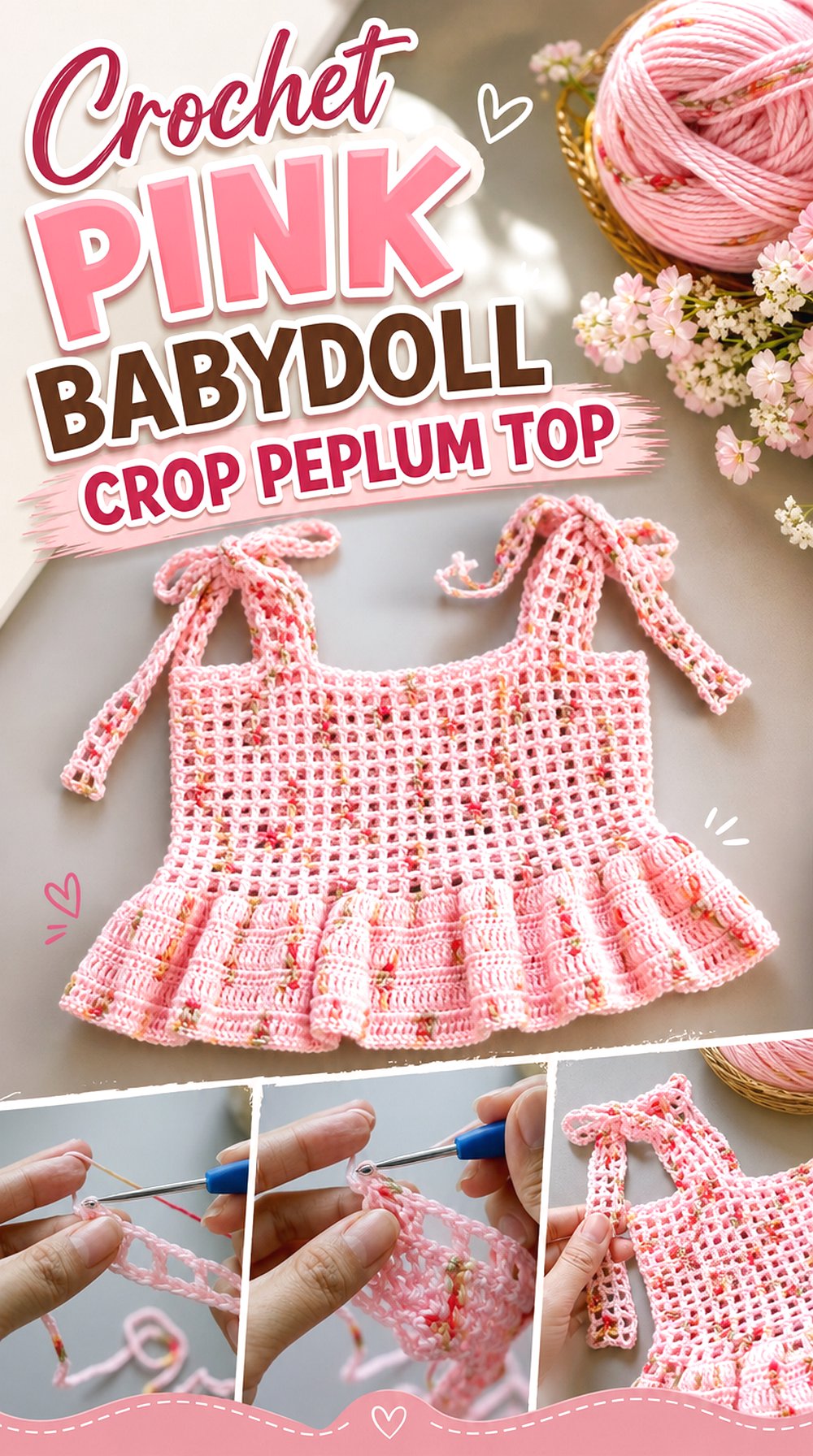 Crochet Pink Babydoll Crop Peplum Top