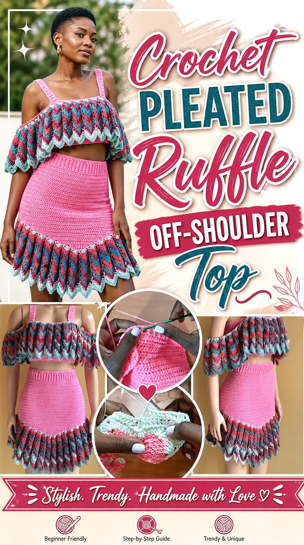 Crochet Pleated Ruffle Off Shoulder Top