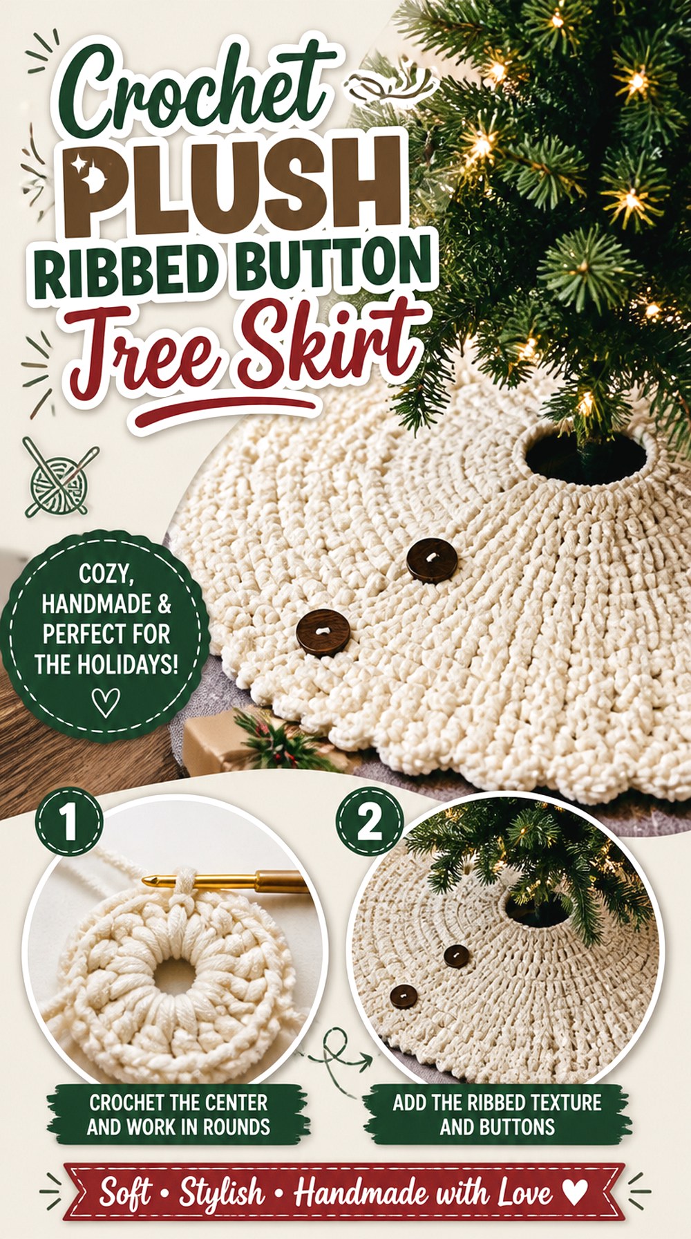 Crochet Plush Ribbed Button Tree Skirt
