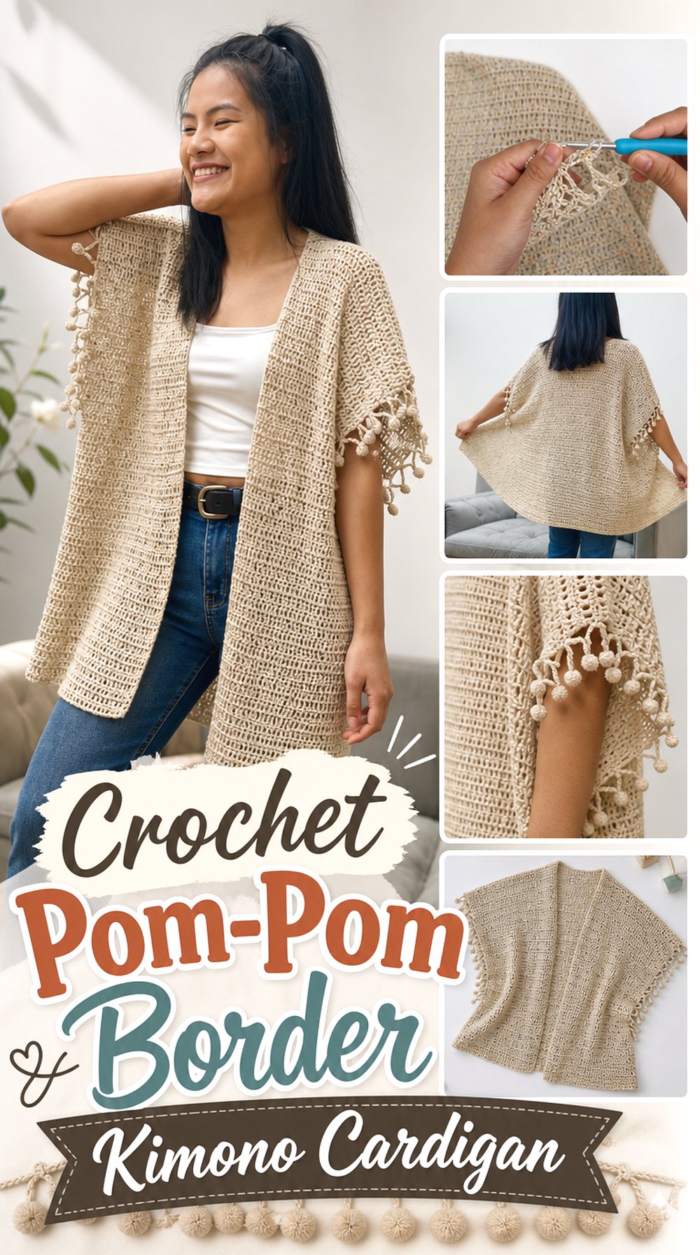 Crochet Pom Pom Border Kimono Cardigan