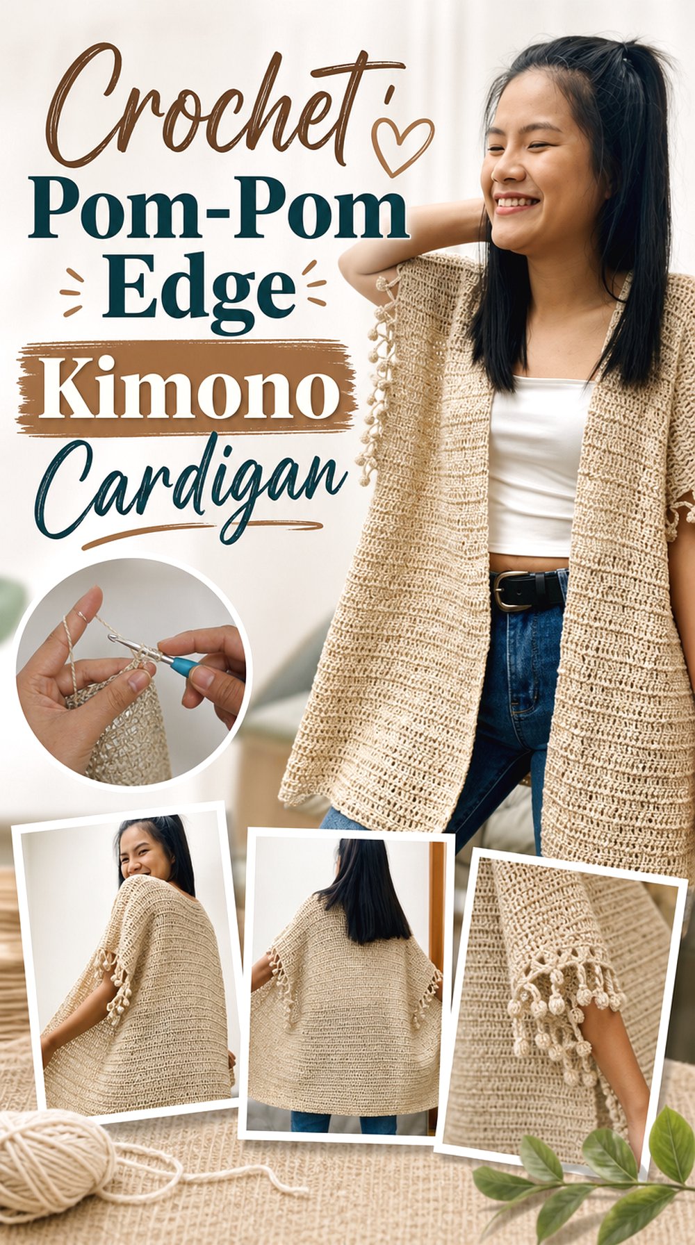 Crochet Pom Pom Edge Kimono Cardigan