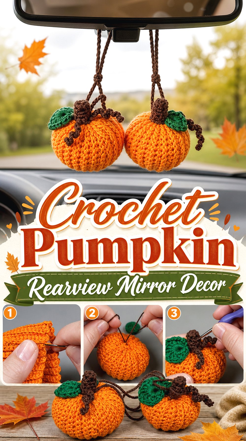 Crochet Pumpkin Rearview Mirror Decor