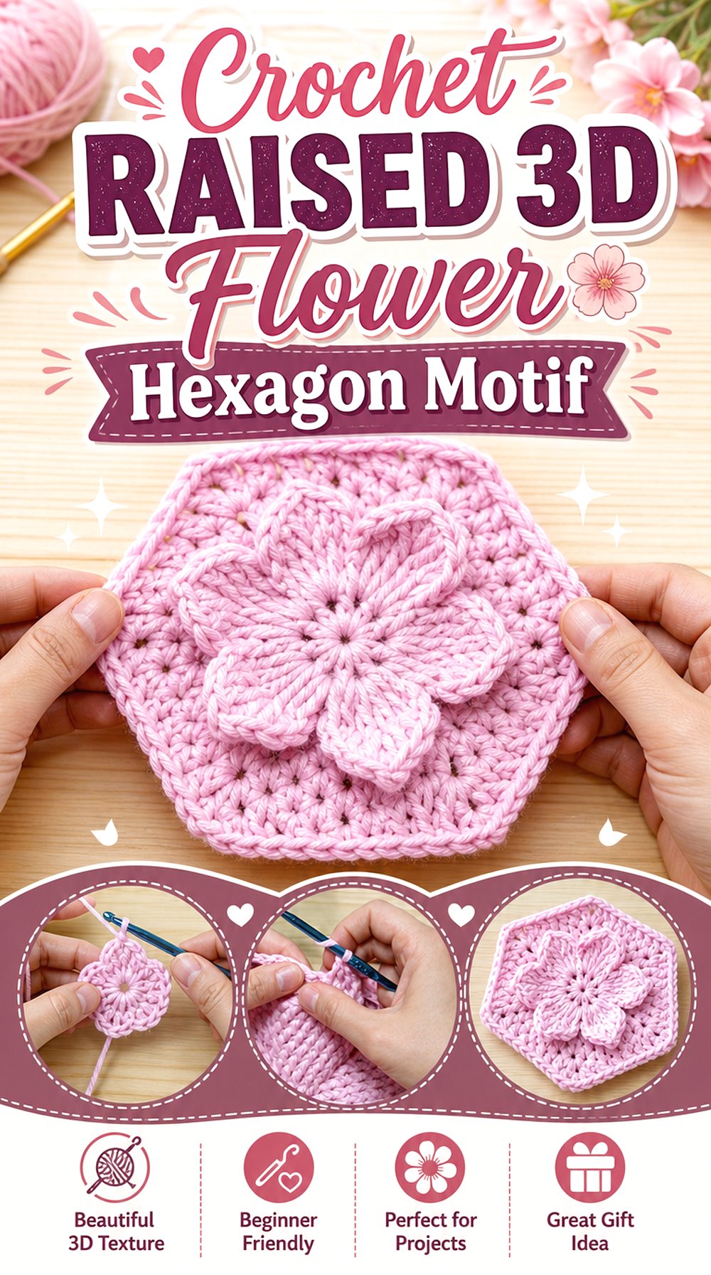 Crochet Raised D Flower Hexagon Motif