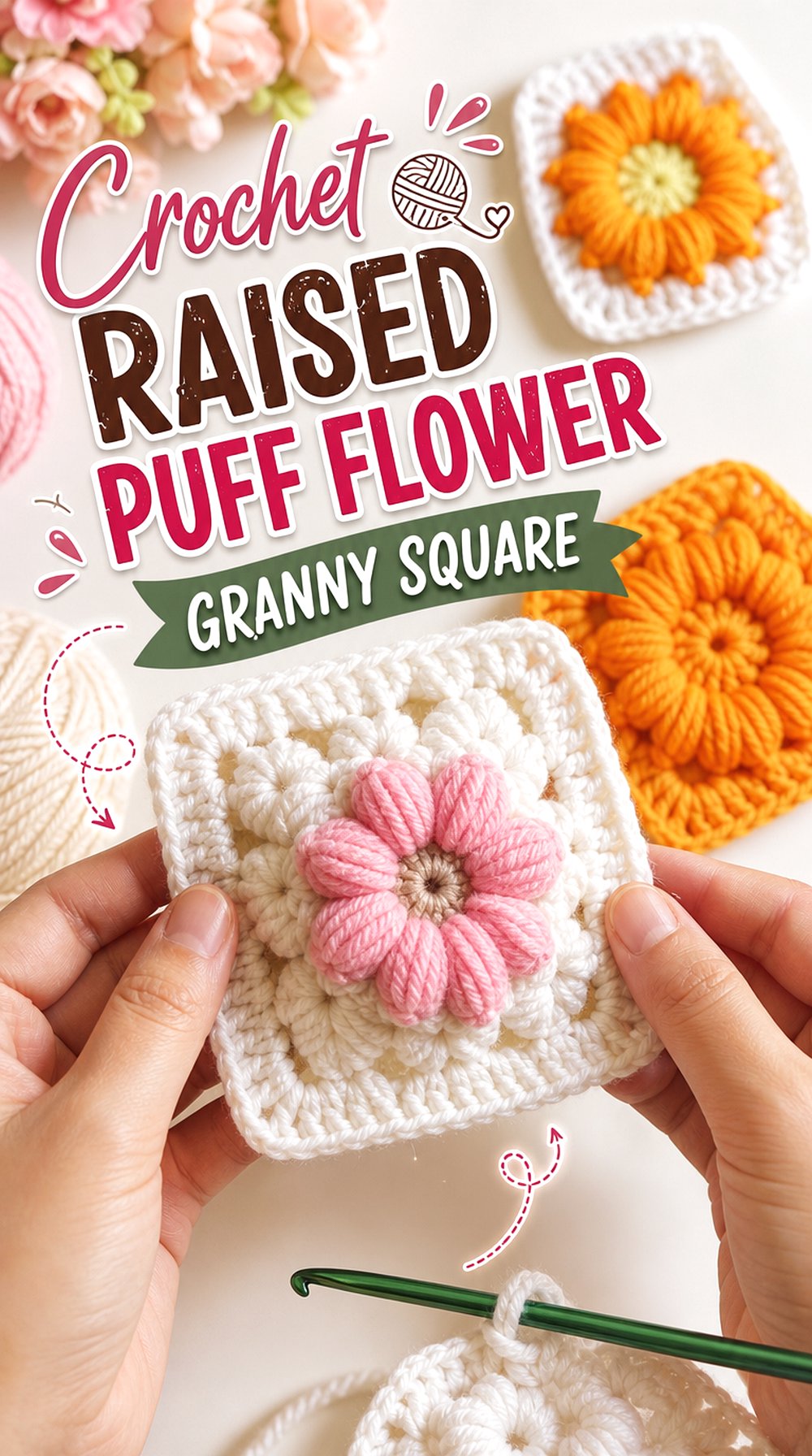 Crochet Raised Puff Flower Granny Square