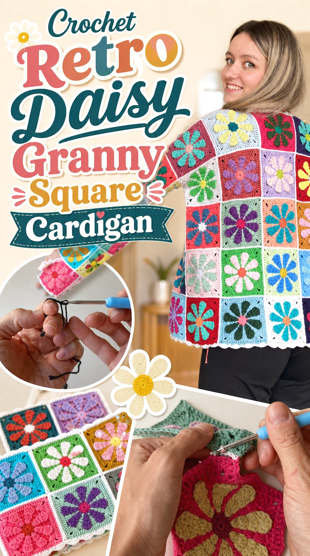 Crochet Retro Daisy Granny Square Cardigan