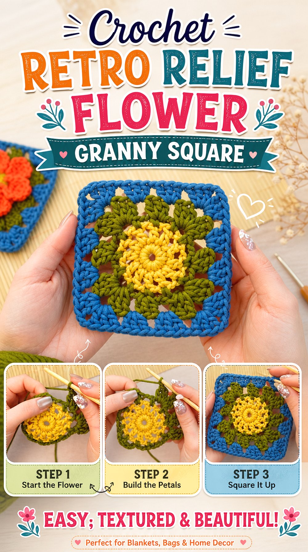 Crochet Retro Relief Flower Granny Square