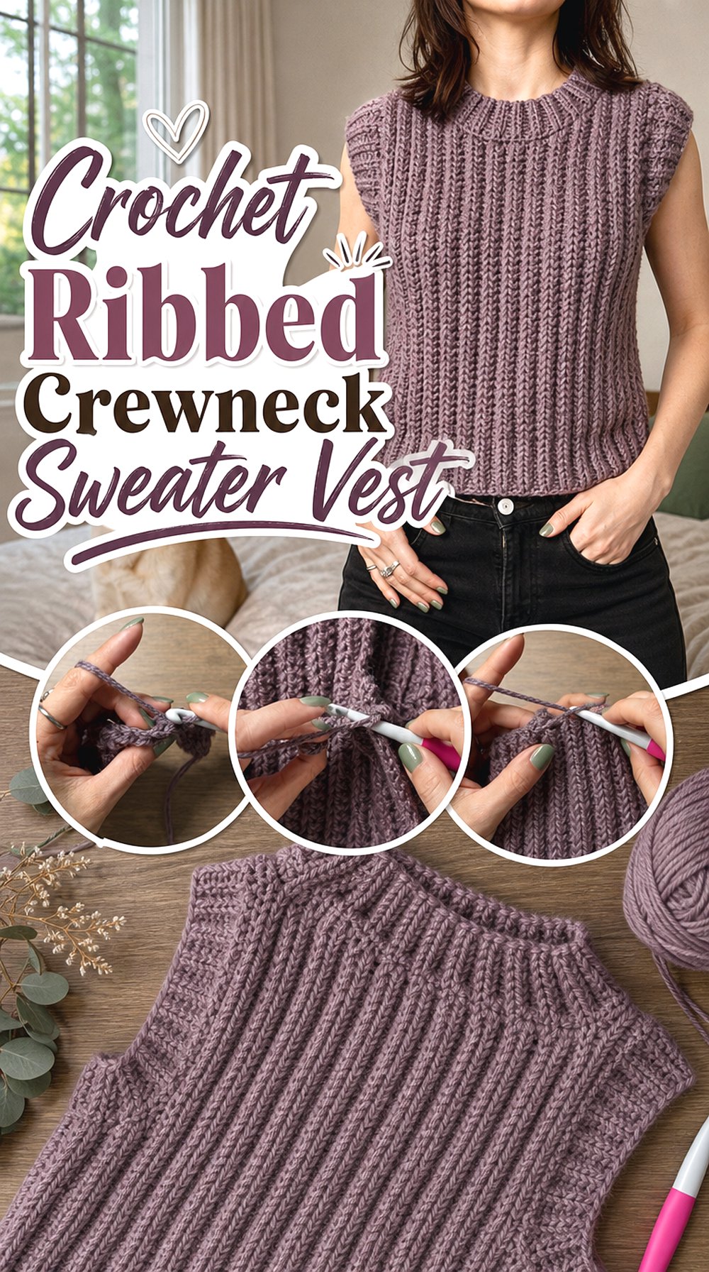 Crochet Ribbed Crewneck Sweater Vest