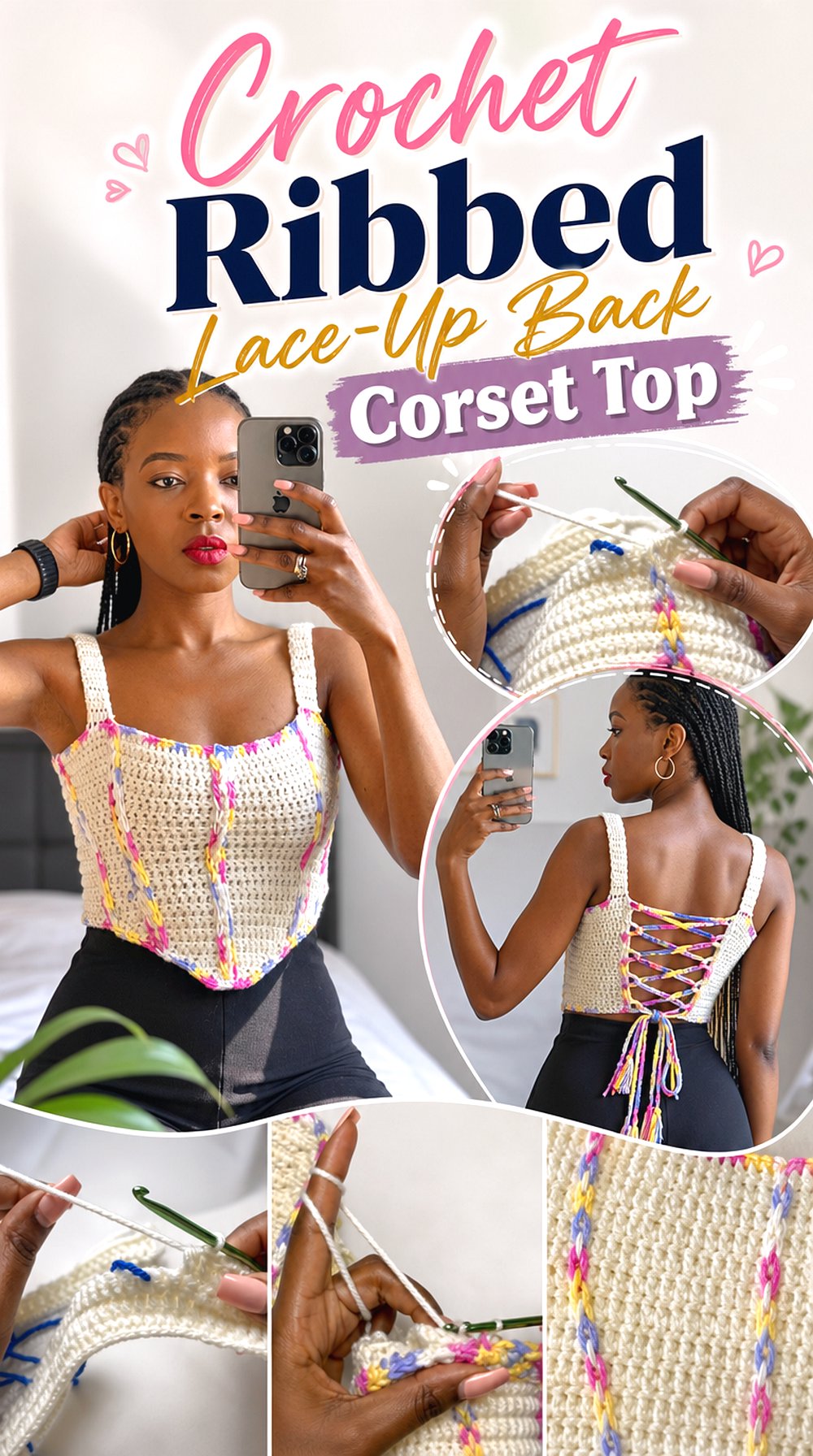 Crochet Ribbed Lace Up Back Corset Top