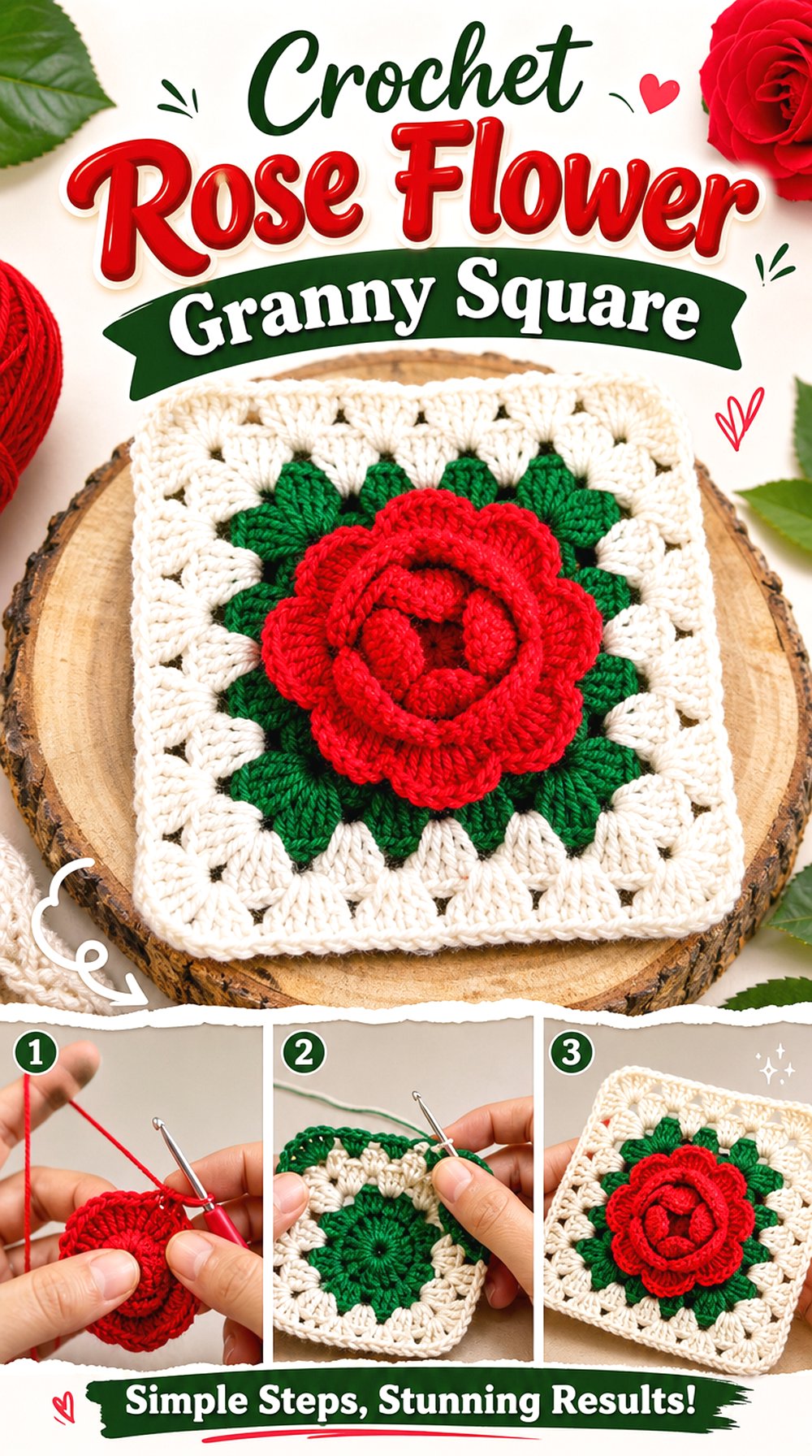 Crochet Rose Flower Granny Square