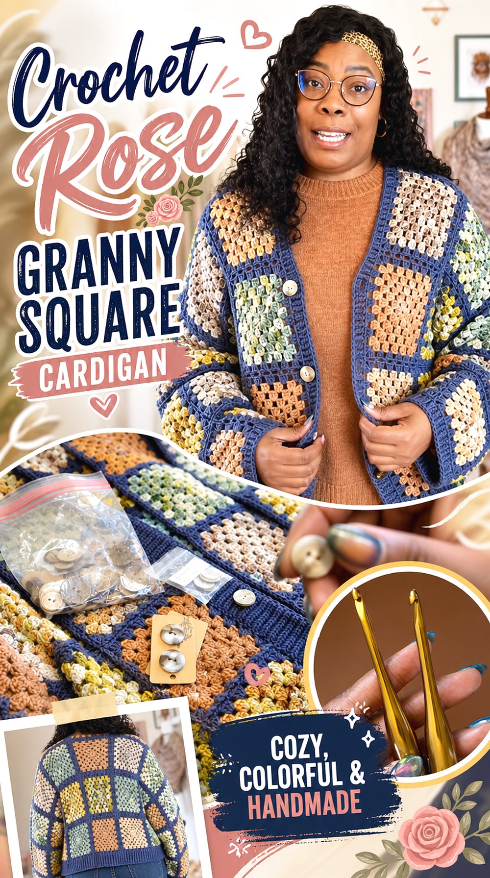 Crochet Rose Granny Square Cardigan