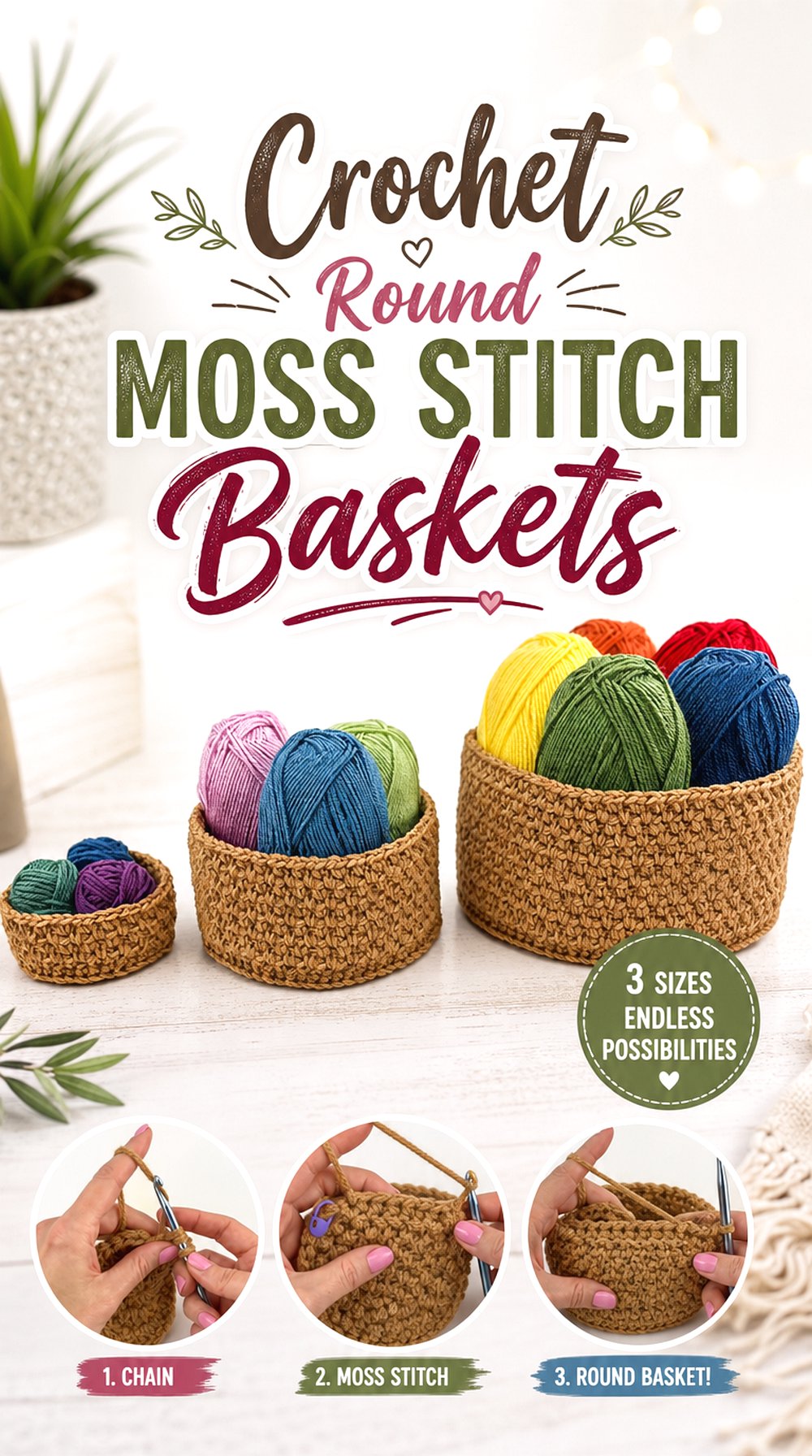 Crochet Round Moss Stitch Baskets