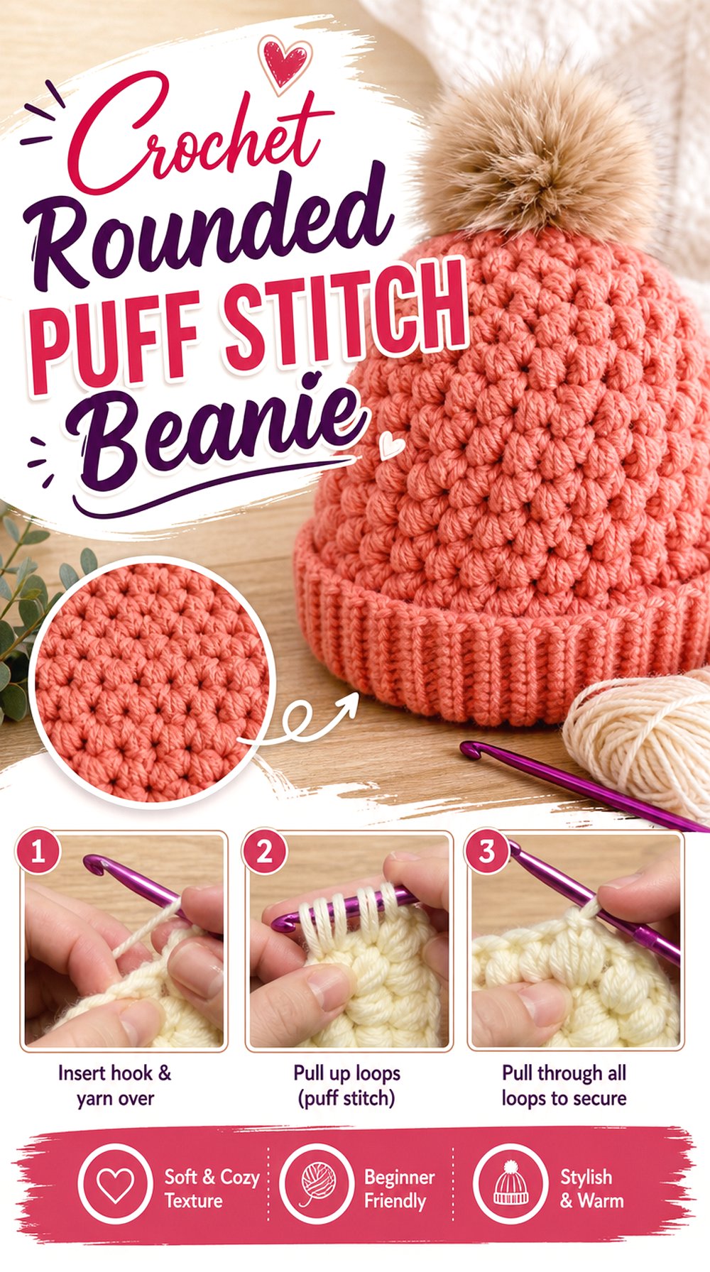 Crochet Rounded Puff Stitch Beanie