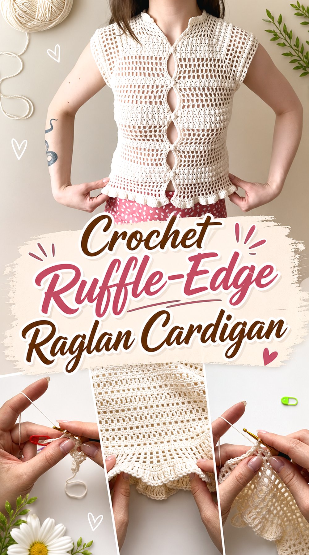 Crochet Ruffle Edge Raglan Cardigan