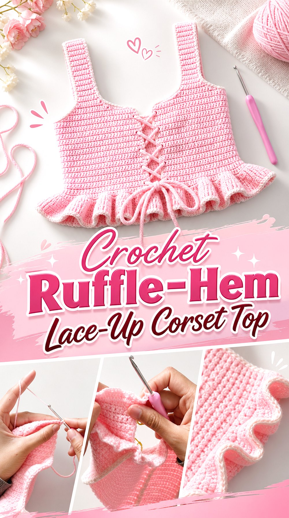 Crochet Ruffle Hem Lace Up Corset Top