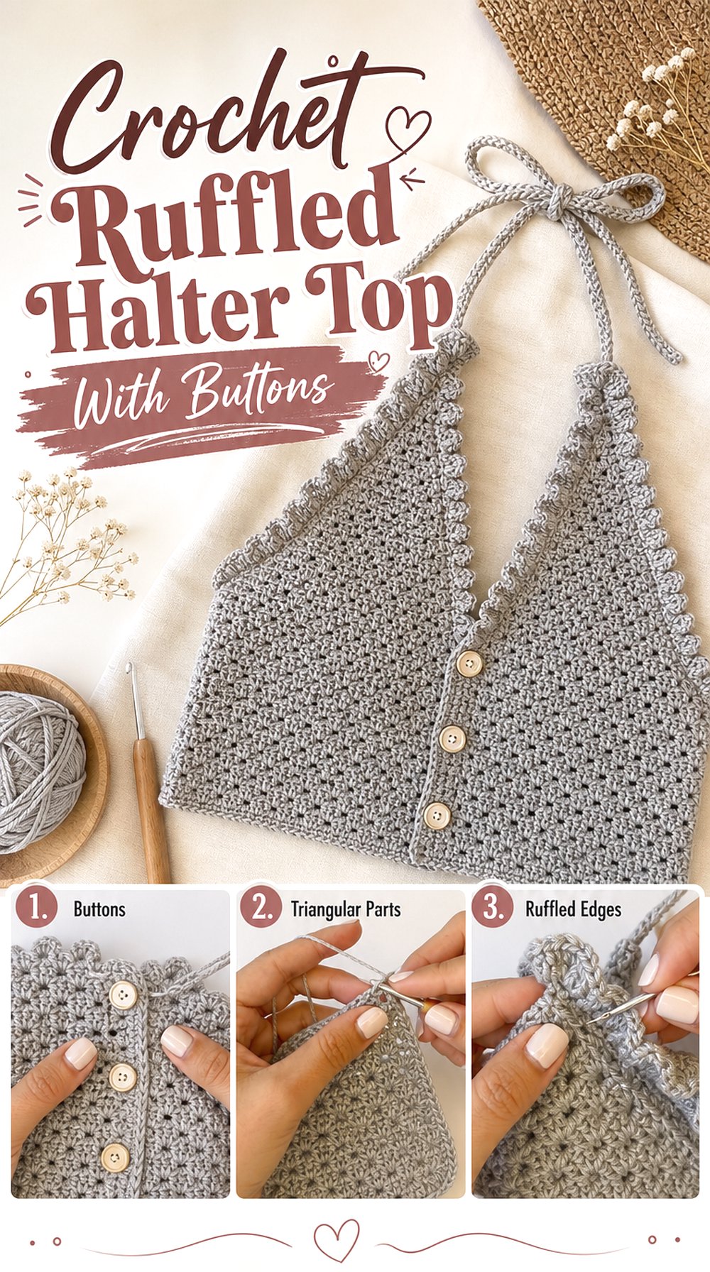 Crochet Ruffled Halter Top With Buttons