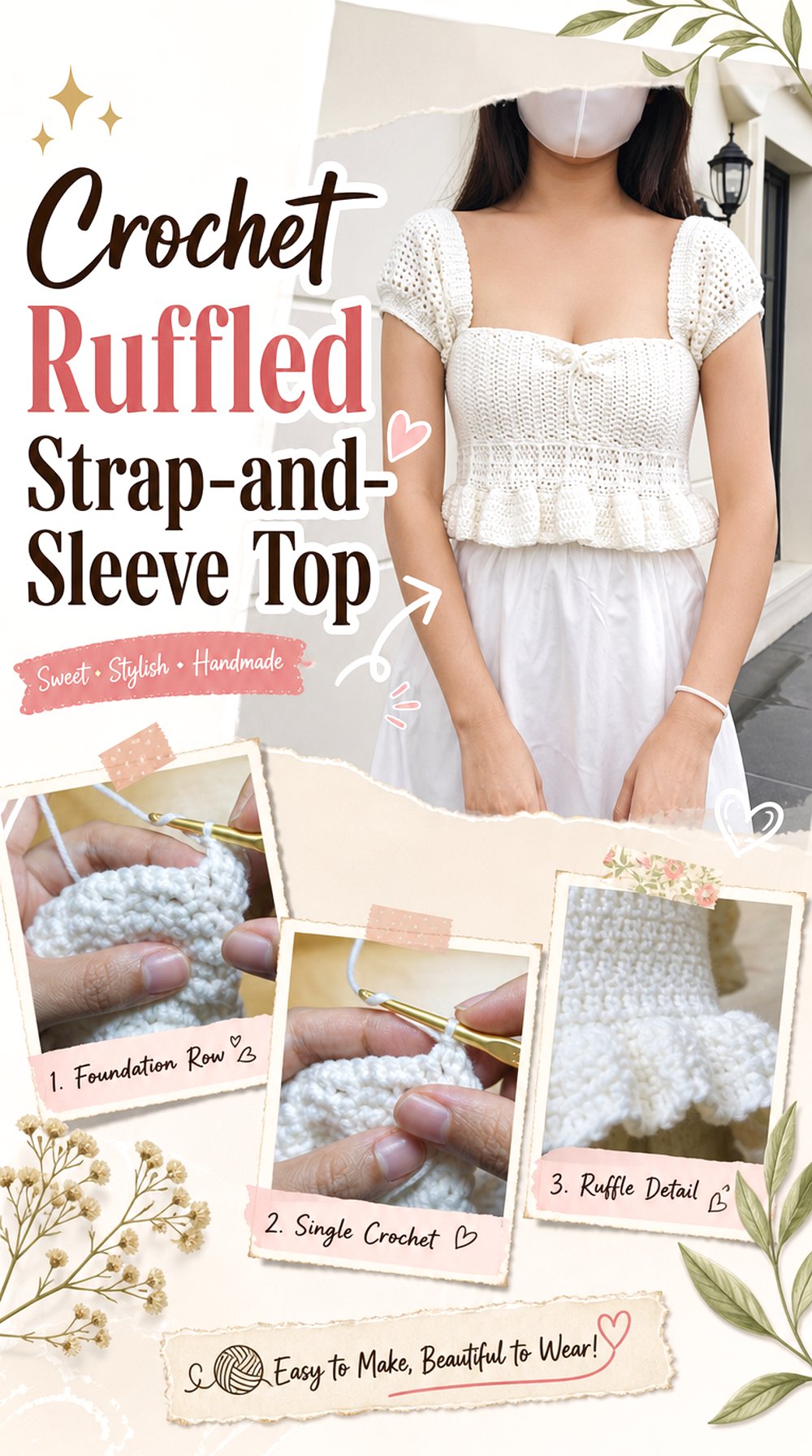 Crochet Ruffled Strap and Sleeve Top