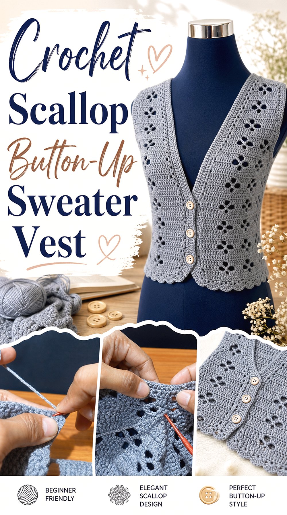 Crochet Scallop Button Up Sweater Vest