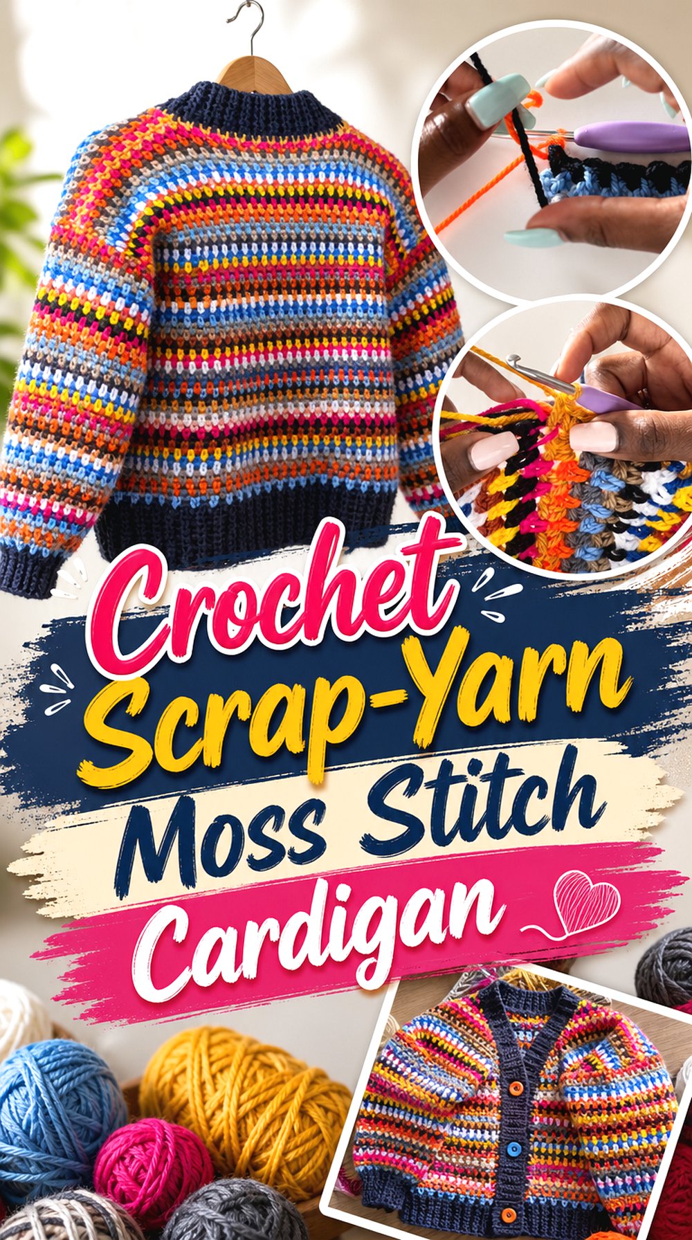 Crochet Scrap Yarn Moss Stitch Cardigan