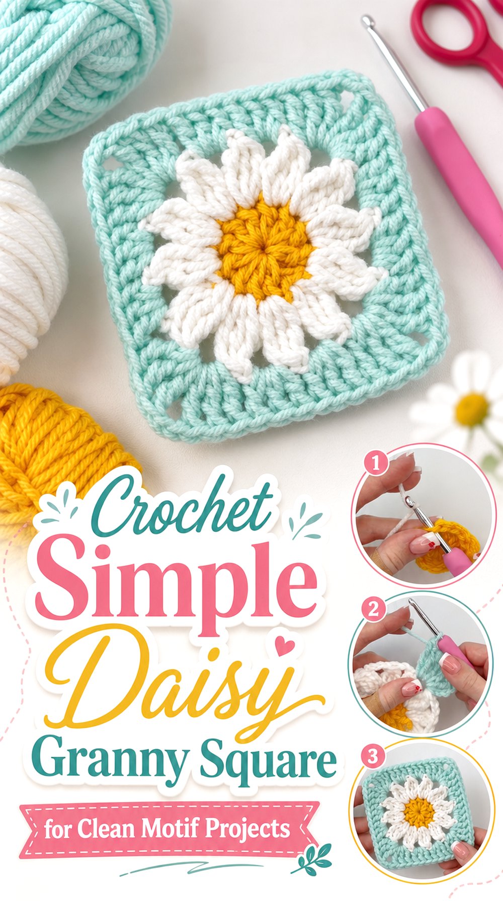 Crochet Simple Daisy Granny Square for Clean Motif Projects